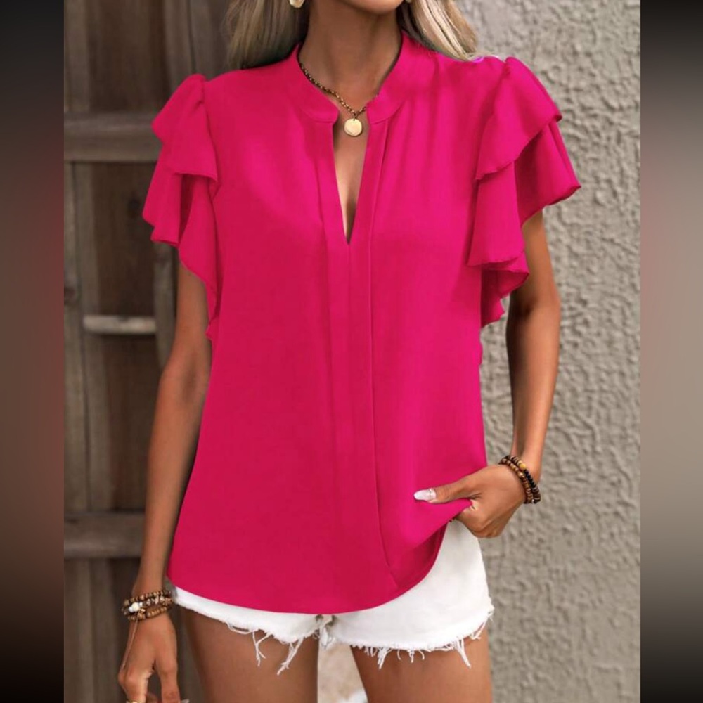 Boho Butterfly Flutter Sleeve Key Hole Tie Back Top Blouse - Picture 3 of 4